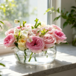 Acrylic Flower Vase with Floral Stem Holder, Clear Leak-Proof Round Vase for Table Centerpieces and Home Decoration