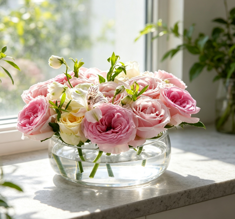 1.1 Acrylic Flower Vase with Floral Stem Holder, Clear Leak-Proof Round Vase for Table Centerpieces and Home Decoration - Image 1