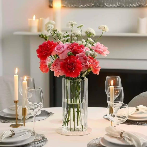 14.1 Ribbed Glass Cylinder Flower Vase, Decorative Centerpiece Vase for Home and Wedding Decoration - Image 1