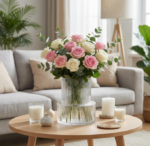 Ribbed Glass Flower Vase, Modern Clear Decorative Vase for Living Room, Table and Office