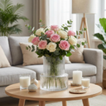 Ribbed Glass Flower Vase, Modern Clear Decorative Vase for Living Room, Table and Office