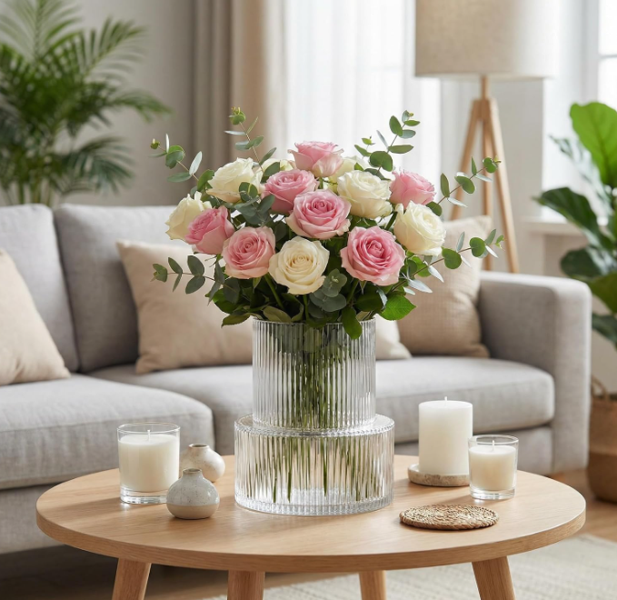 16.1 Ribbed Glass Flower Vase, Modern Clear Decorative Vase for Living Room, Table and Office - Image 1