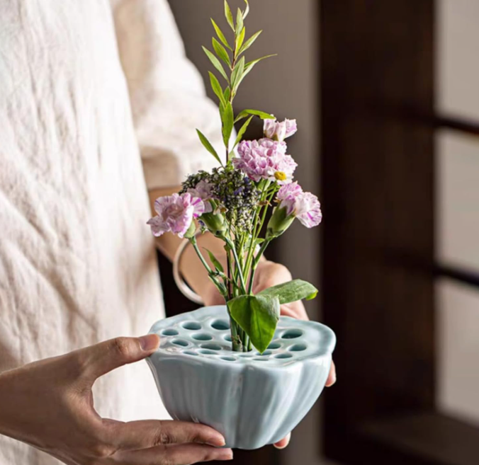 2.1 Ceramic Flower Arrangement Vase with Stem Holder, Decorative Bowl for Table and Home Display - Image 1