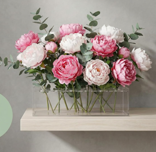 20.1 Clear Acrylic Rectangular Flower Vase with Multi-Hole Stem Holder for Table Centerpieces - Image 1