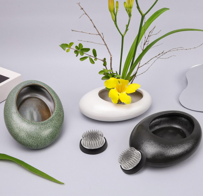 21.1 Ceramic Ikebana Flower Vase with Metal Flower Frog, Decorative Floral Arrangement Bowl for Home and Table Decor - Image 1