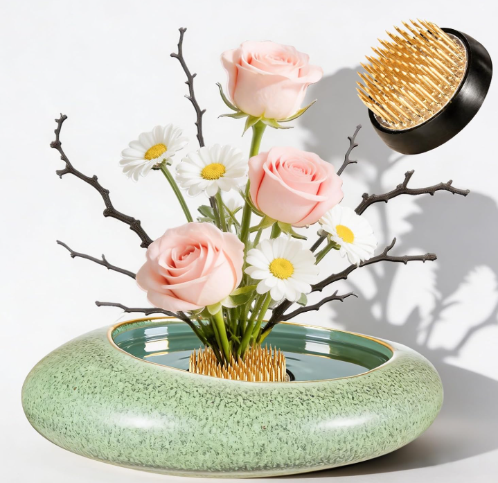 34.1 Ceramic Flower Arrangement Bowl with Metal Flower Frog Set for Decorative Floral Displays - Image 1