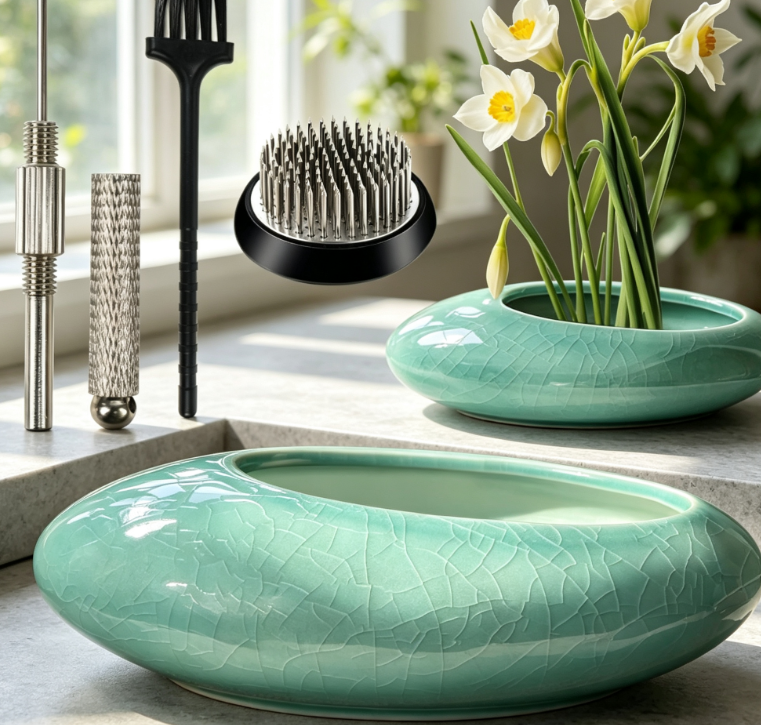 38.1 Ceramic Flower Arrangement Vase with Flower Frog, Decorative Floral Bowl for Home Display - Image 1
