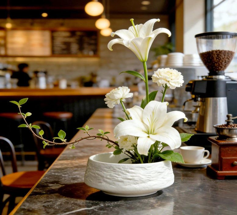 48.1 Ceramic Flower Vase with Metal Flower Frog, Decorative Floral Arrangement Bowl - Image 1
