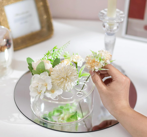 8.1 Clear Acrylic Flower Vase Set with Stem Holder, Low Profile Floral Arrangement Vase for Table Decoration - Image 1